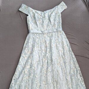 Oleg Cassini Off the Shoulder Blue Embroidered Lace Silver Formal Wedding Dress